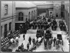 Horse-drawn delivery trucks at Schlitz Brewery in Milwaukee, Wisconsin