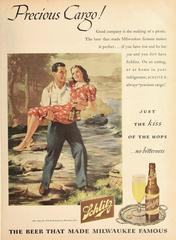 Historic Schlitz beer delivery truck with large wooden barrels, 1945