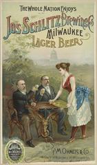 Vintage chromolithograph advertisement showing diverse group of people enjoying Jos Schlitz Brewing Company's Milwaukee lager beer