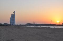 Dubai sunset with Burj Al Arab and beach