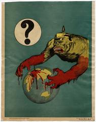 Australian WWI war poster showing an ape monster in a German helmet with bloody hands reaching around the globe