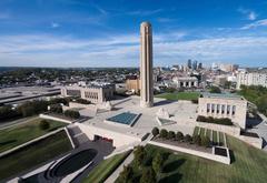Aerial view of the National World War I Museum and Memorial with Kansas City skyline in the background