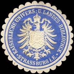 Blue and white embossed sealing stamp of the Imperial University and State Library Strasbourg