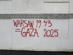 Graffiti comparing Israeli army actions in Gaza to the suppression of the Warsaw Ghetto Uprising by Germans, at Umschlagplatz monument in Warsaw