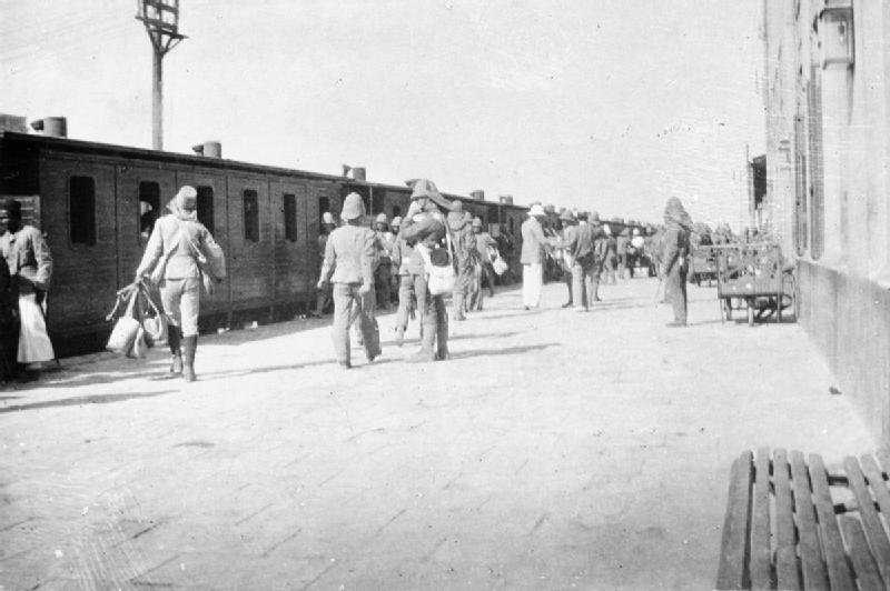 Men of 1st Grenadier Guards boarding a train at Cairo Station during General Kitchener's Anglo-Egyptian Nile Campaign 1898