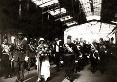 King Fouad I of Egypt at Mahattet Masr Railway Station with King Albert I and Queen Elisabeth of Belgium during their Egypt visit