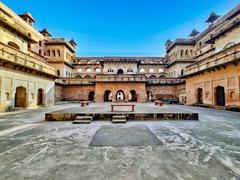 Raja Mahal palace in Orchha, a majestic historic building with domed pavilions and intricate architecture