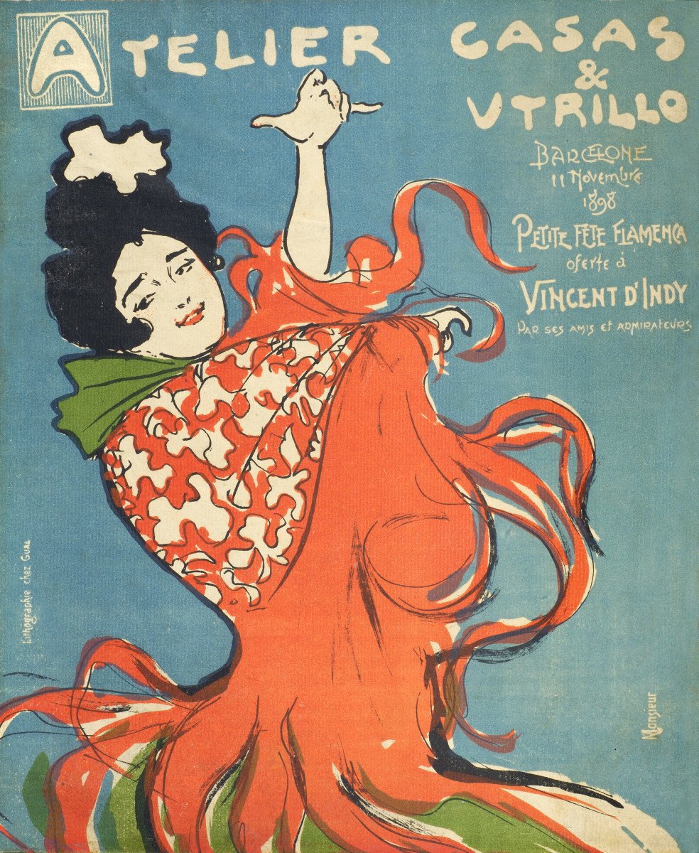 Vintage poster by Ramon Casas for the flamenco show Petite fête flamenca dedicated to Vincent d'Indy, Barcelona 1898