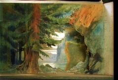 Sunset over a wild forest atop the Valkyries rock with artistic elements related to Richard Wagner