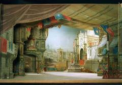 Stage design by Francesc Soler i Rovirosa for Giuseppe Verdi's opera Don Carlo at Gran Teatre del Liceu in 1870