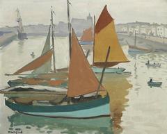 View of Les Sables d’Olonne coastal town with boats and waterfront buildings