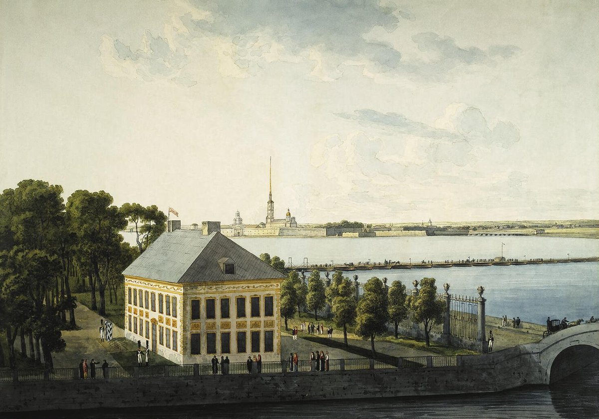 Painting of the Summer Palace of Peter I in St Petersburg with detailed architectural features and surrounding landscape