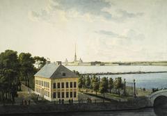 Painting of the Summer Palace of Peter I in St Petersburg with detailed architectural features and surrounding landscape