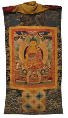 Bhutanese Drukpa applique Buddhist lineage thanka featuring Shakyamuni Buddha in center