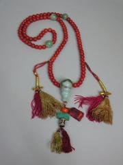 Tibetan prayer beads with coral, turquoise, jade, dzi, clay and silk from 19th century