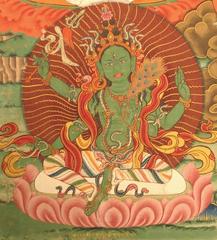 Janguli - Green (four hands), 19th-century Bhutanese Thangka painting of a maiden