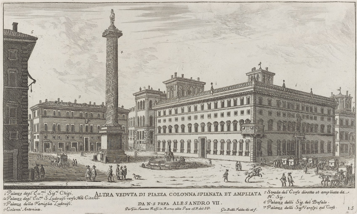 Historical view of Piazza Colonna in Rome featuring the Antonine Column and aristocratic family buildings