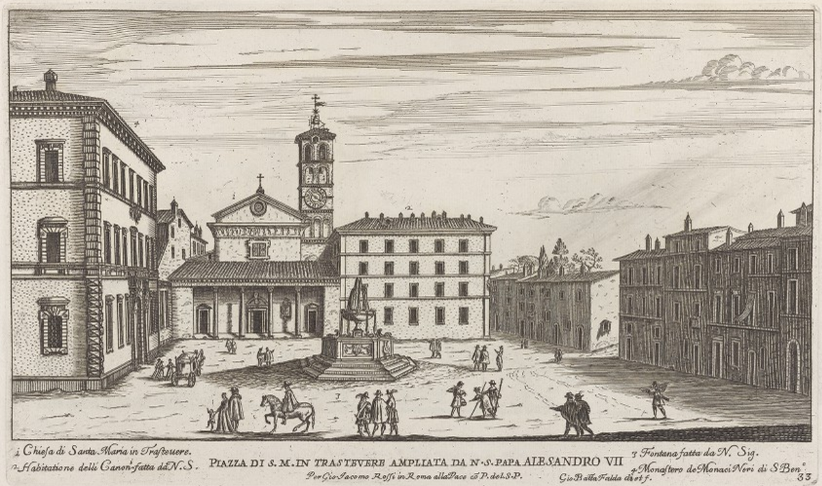 Historical illustration of Piazza di Santa Maria in Trastevere showing the church, clergy building, fountain, and Black Friars of Saint Benedict building