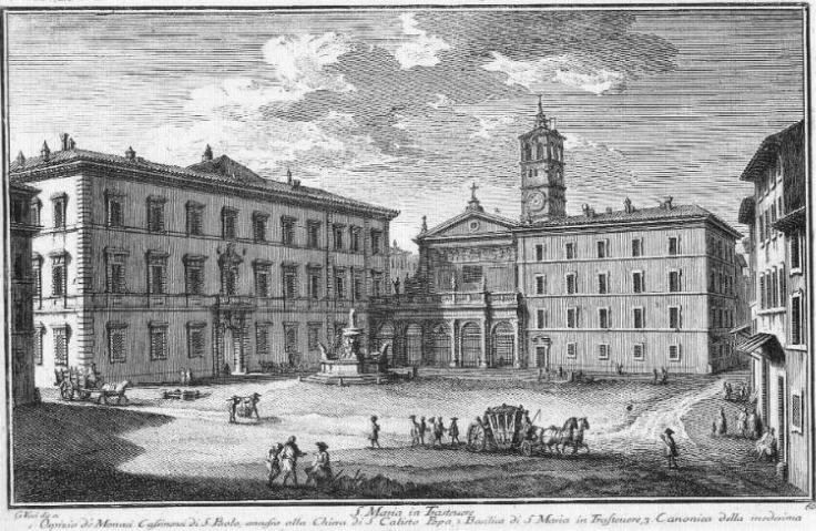 Historic Palazzo S. Callisto and S. Maria in Trastevere church front view with deanery in Rome