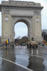 U.S. Army Soldiers from the 101st Airborne Division marching in Romania's Great Union Day parade at Arcul de Triumf in Bucharest