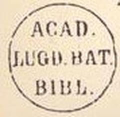 Book stamp of Leiden University Library with text Acad. Lugd. Bat. Bibl.