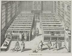Historic illustration of the University Library in Leiden in 1610 showing detailed architectural and human elements on and inside the building