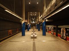 Marymont metro station platform in Warsaw with a yellow train arriving