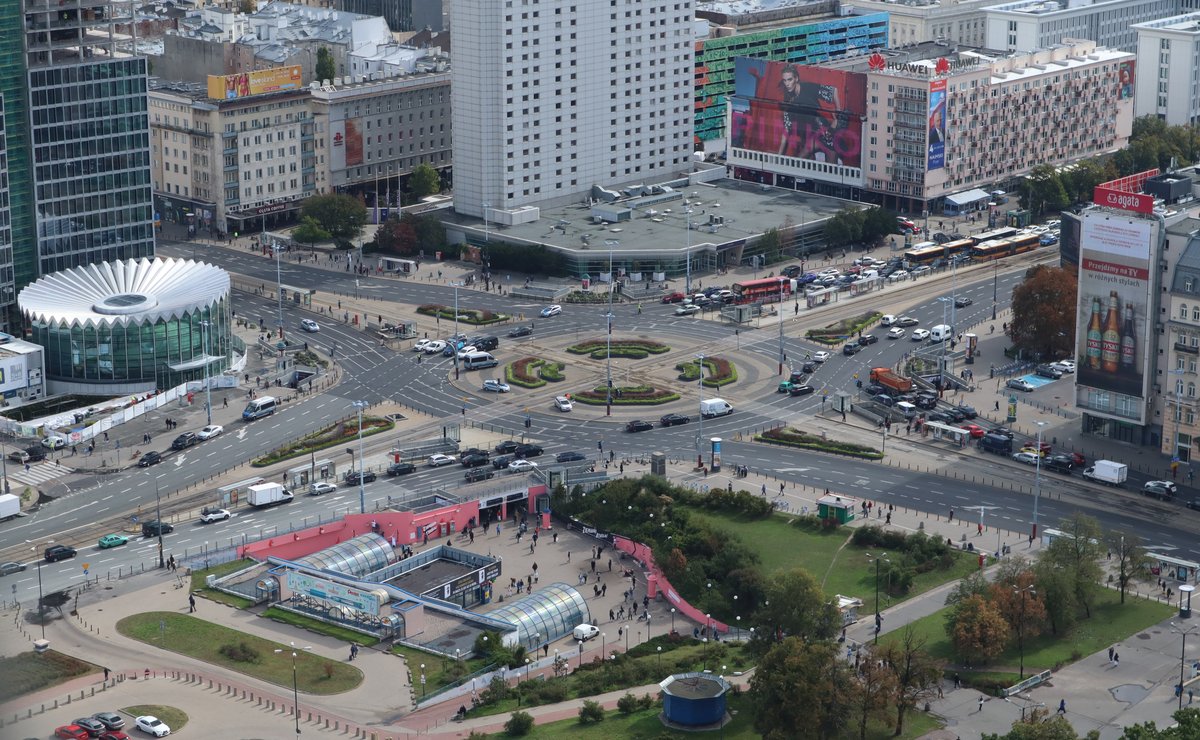 View from Palace of Culture and Science in Warsaw showing Rondo Dmowskiego square, Rotunda building, and Centrum metro station entrance