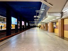 Warsaw Metro Centrum station platform with commuters and escalators