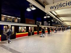 Warsaw Centrum metro station platform with passengers and trains