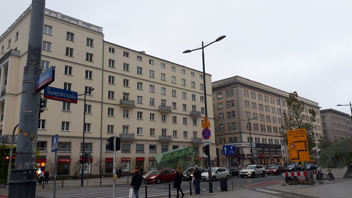Świętokrzyska Street in Warsaw with modern buildings and traffic