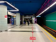 Warsaw Świętokrzyska metro station entrance to M2 line connector with prominent signage discouraging use and guiding to alternative route