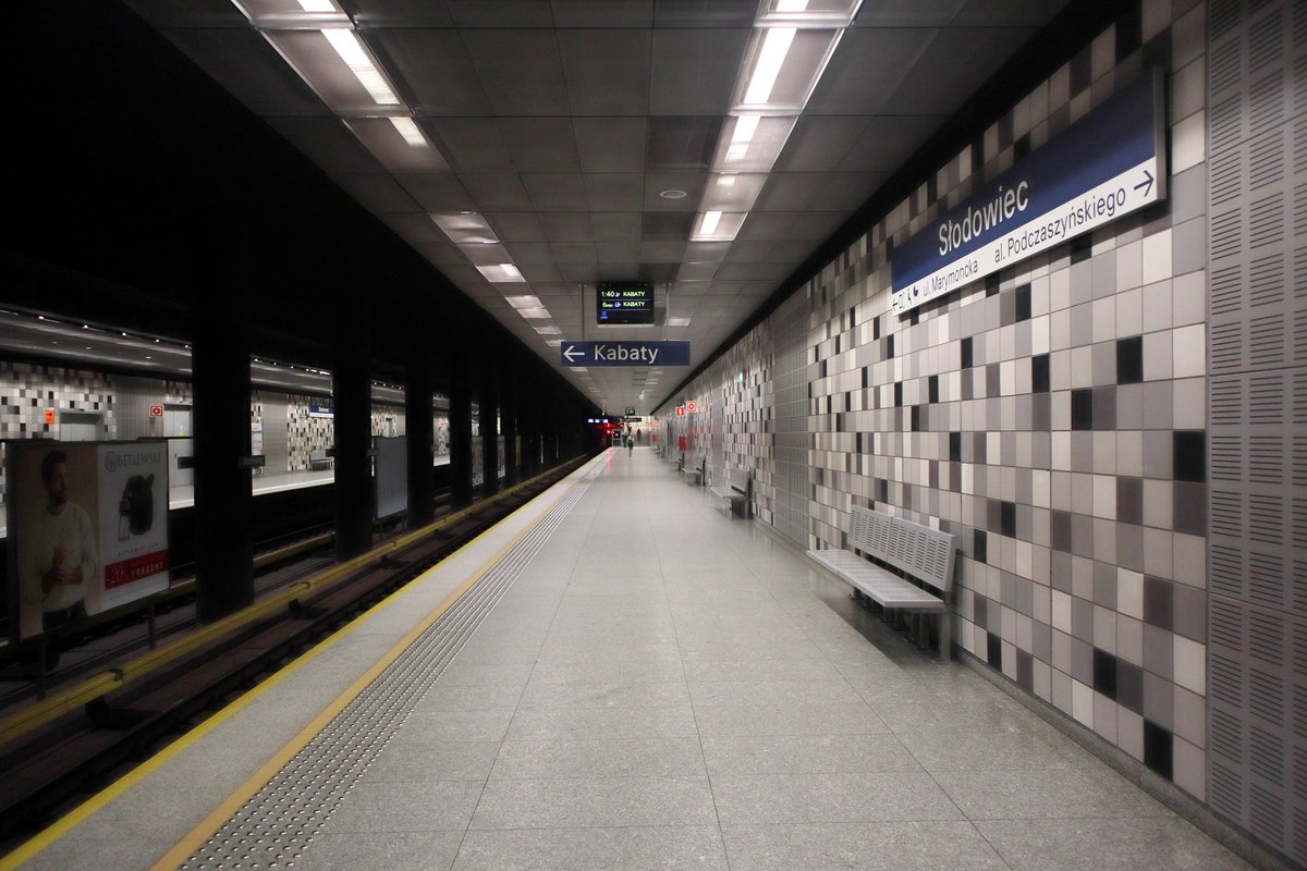 Warsaw Metro Słodowiec Station interior view with modern design and escalators
