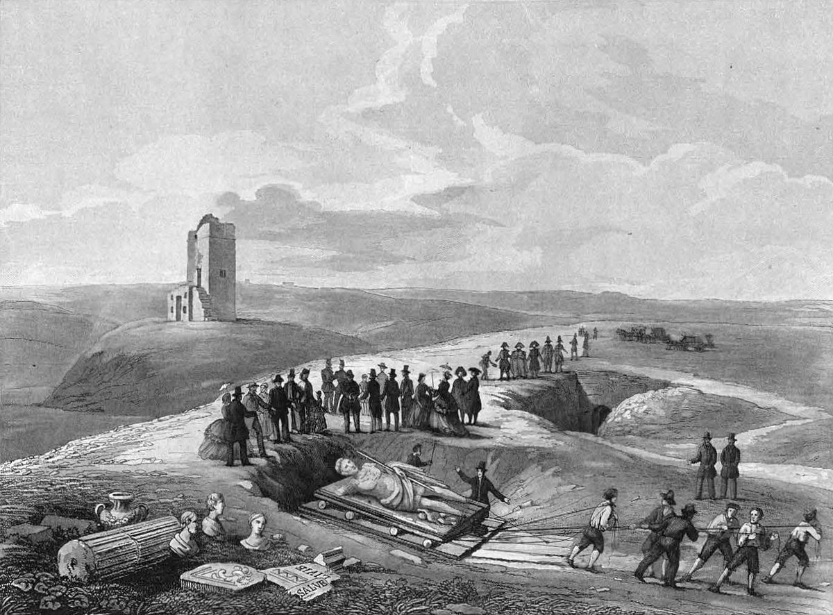 Black-and-white lithograph of the discovery of the Augustus of Prima Porta statue at Villa of Livia with Torre di Orlando in the background
