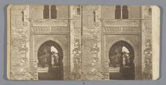 Stereophotograph showing the Puerto del Vino gate at the Alhambra in Granada, Andalusia, Spain, circa 1890-1920