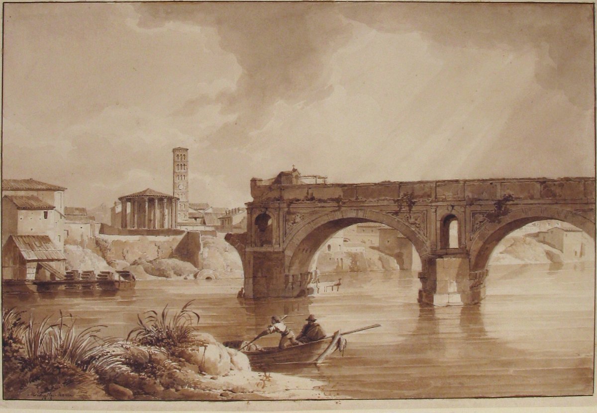 View of the Tiber River from the north bank with the Temple of Hercules, Temple of Vesta, Campanile of Santa Maria in Cosmedin and Ponte Rotto in Rome