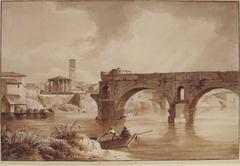 View of the Tiber River from the north bank with the Temple of Hercules, Temple of Vesta, Campanile of Santa Maria in Cosmedin and Ponte Rotto in Rome