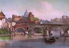 Ponte Rotto and Isola Tiberina in Rome with the Tiber River flowing beneath the historic stone bridge and lush greenery along the riverbanks