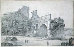 Ponte Rotto bridge over water with boats and old buildings in Rome