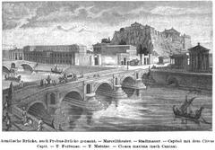 Reconstruction drawing of the ancient Pons Aemilius bridge, also known as Ponto Rotto, showing its structure over the Tiber River