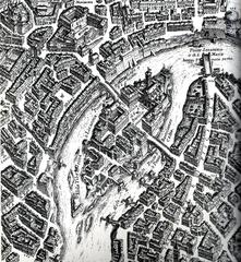 Historic 1676 map detail of Isola Tiberina and surrounding areas in Rome by Giovanni Battista Falda