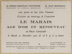 Invitation card for the exhibition Le Marais Age d'or et renouveau at Musée Carnavalet, Paris, November 1962