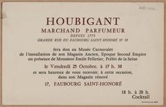 Vintage typographic invitation card for Houbigant perfumery store installation, Paris, 19th century