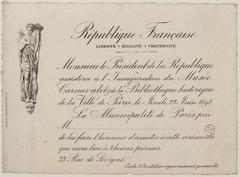 Invitation card for the inauguration of the Musée Carnavalet in June 1898, featuring engraved artwork and embossed motif