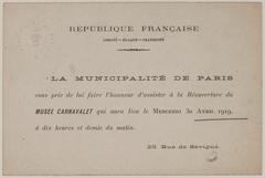 Invitation card to the reopening of Musée Carnavalet in Paris, 1919 with embossed City of Paris motif