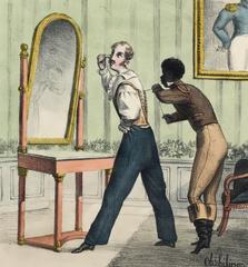 Elegant man having his corset tightened by his valet, 1824