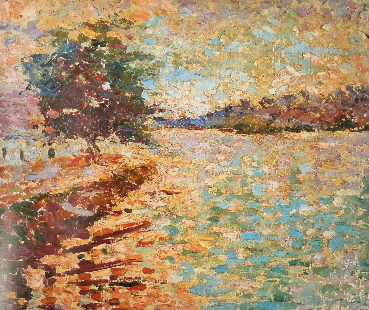 Oil painting of a river landscape with trees and a distant shoreline