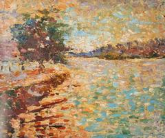 Oil painting of a river landscape with trees and a distant shoreline
