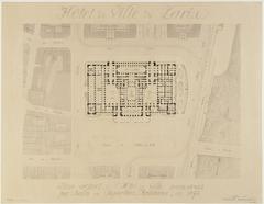 Architectural drawing of the current Hôtel de Ville de Paris with detailed city plan including Lobau barracks, Assistance Publique headquarters, Arcole bridge, quai and Hôtel de Ville square