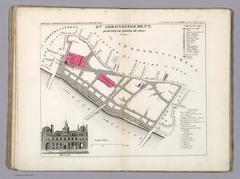 Engraved hand colored map of 1st Borough Faubourg du Roule Paris with Church of Saint-Philippe du Roule, roads, monuments and statistical table